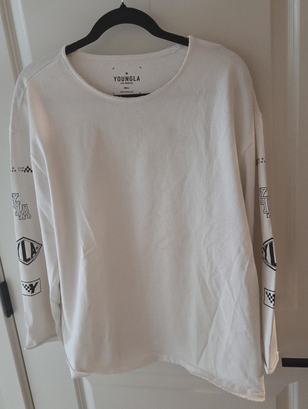 OPEN TO OFFERS!YoungLA White Long-Sleeve Graphic Tee with Black Sleeve Logos